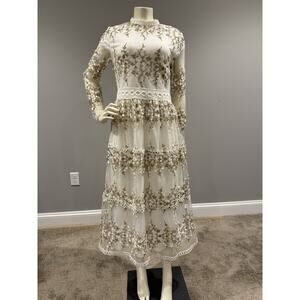 Polagram Elegant Lace Overlay Gold Embroidered Dress Size Small White Long